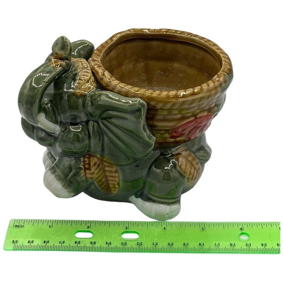Green Elephant Planter Lucky Trunk Up Ceramic with Basket Tropical 5" x 4" - Picture 7 of 8